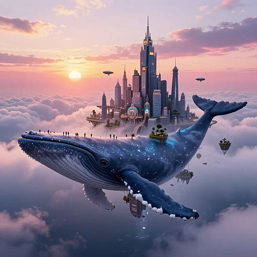 Fantastical digital artwork of a giant blue whale carrying a futuristic city with skyscrapers, tiny flying ships, and a sunset sky.