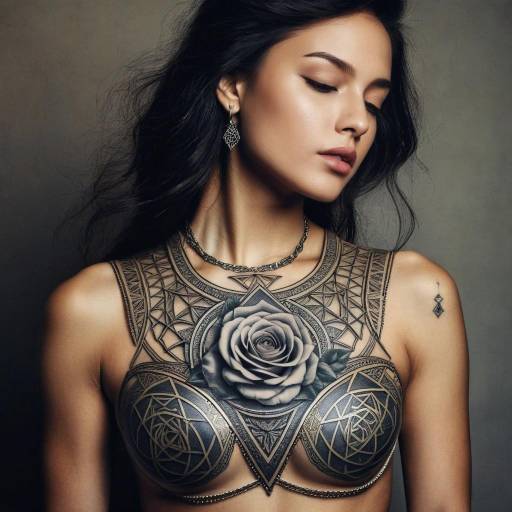 Woman with Intricate Black and Grey Chest Tattoo