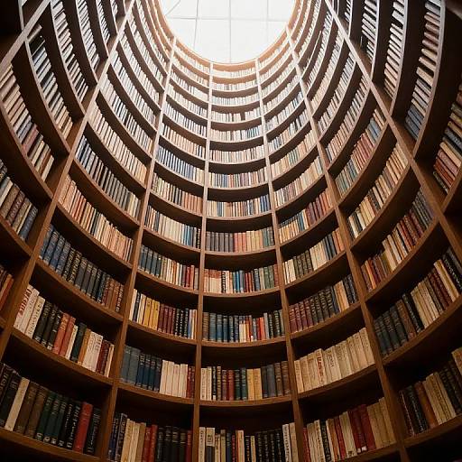 Photograph of a circular, multi-level library with wooden bookshelves filled with colorful, neatly arranged books, viewed from below, centered on a bright