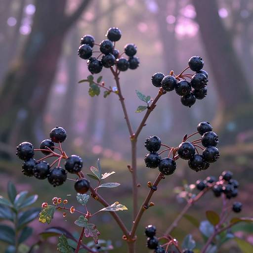 Photograph of vibrant, dark blue-black berry clusters on red stems with green leaves, set against a misty, sunlit forest background.