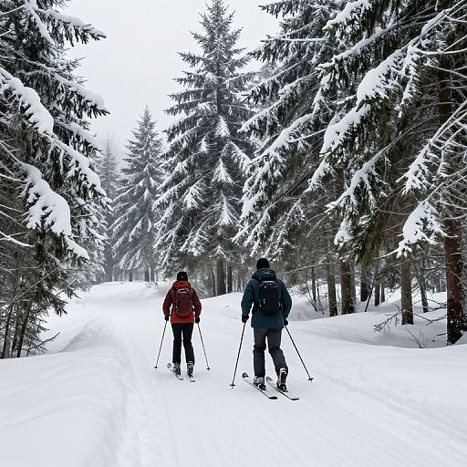 Winter Skiers Amid Snowy Pines
