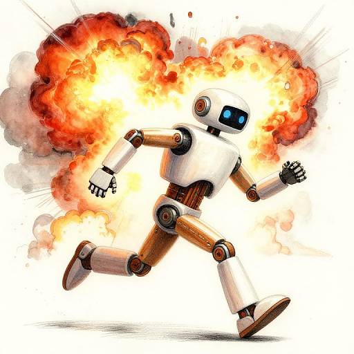 Robot Escaping Explosion in Watercolor