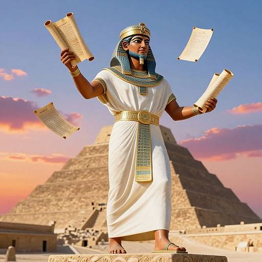  CGI image of an Egyptian pharaoh in white attire, blue headdress, holding scrolls, standing before a pyramid at sunset.