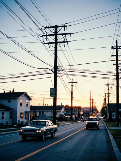 Sunset on Suburban Street with Power Lines