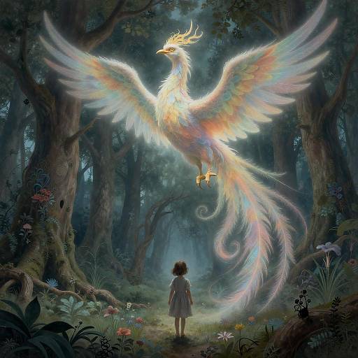 Digital fantasy artwork: A young girl in a white dress gazes at a majestic, rainbow-winged phoenix soaring above a mystical forest.