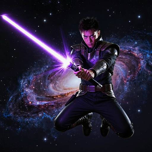 Photograph-style digital art of a male warrior with intense expression, holding a glowing purple lightsaber, kneeling in space with a colorful galaxy background.