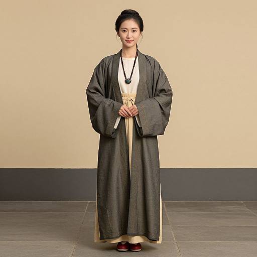 Photograph of an East Asian woman with black hair in a bun, wearing a gray traditional Korean hanbok with wide sleeves, white inner garment,