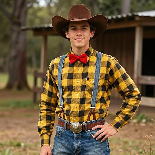 Photograph of a young man in a brown cowboy hat, yellow-black checkered shirt, red bowtie, blue jeans, and suspenders, standing