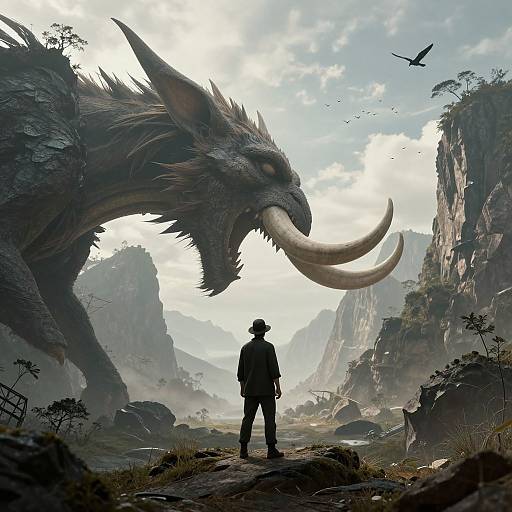 Digital art of a silhouetted adventurer facing a massive, roaring, saber-toothed creature in a rugged, mountainous landscape with a bird