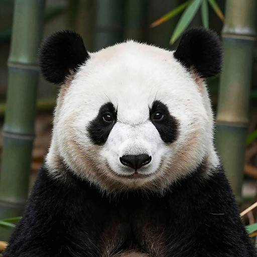 Photograph of a panda bear with black and white fur, large black ears, and black nose, standing in front of bamboo stalks.