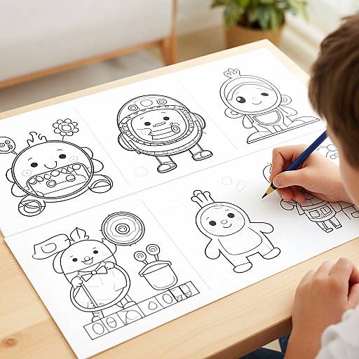 Photograph of a child's hand drawing four cartoon characters with simple, black outlines on white paper, using a blue pen.