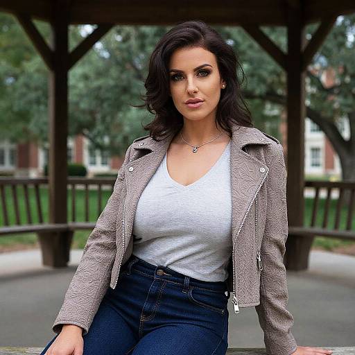 Photograph of a dark-haired woman with medium skin tone, wearing a grey jacket, white V-neck shirt, and dark jeans, standing under a park