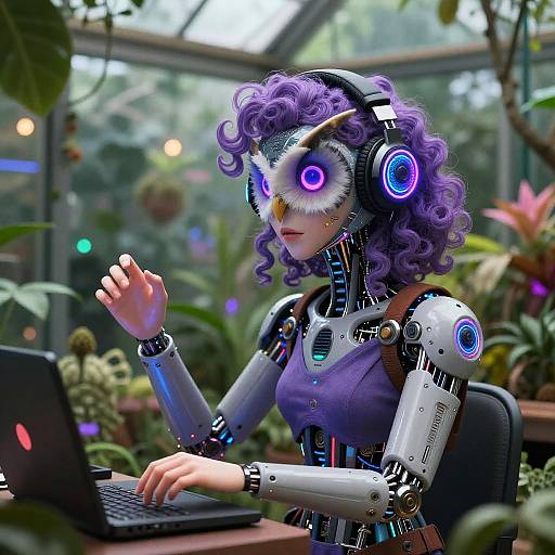 Digital art of a purple-haired, humanoid robot with glowing blue and purple eyes, typing on a laptop in a lush, greenhouse-like setting.