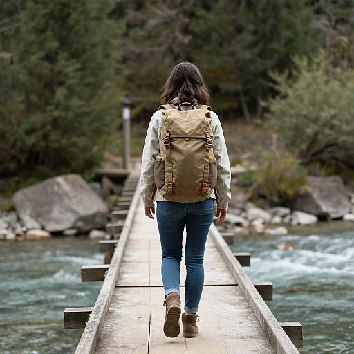 Photograph of a woman with brown hair, beige backpack, white shirt, blue jeans, brown boots walking on a wooden bridge over a flowing river,