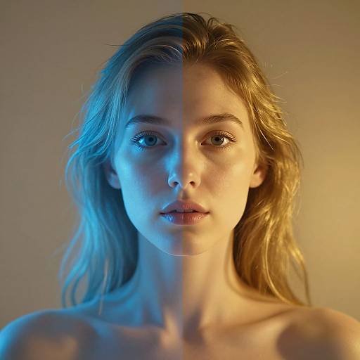 Photograph of a young woman with light blonde hair, illuminated by dual blue and yellow lighting, creating a split-face effect. She has fair skin,