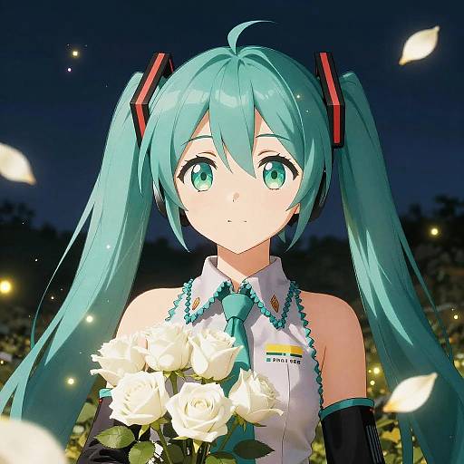 Digital anime-style portrait of Hatsune Miku with turquoise twin-tails, holding white roses, against a dark night sky with glowing petals.
