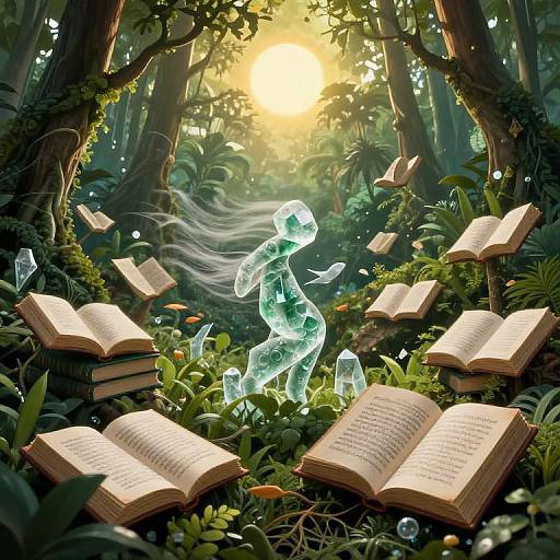 Digital fantasy artwork of a glowing, translucent, ethereal figure dancing among floating books in a lush, sunlit forest.