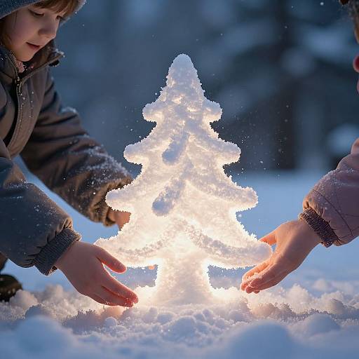 Photograph of two children, in winter coats, gently touching a glowing, snow-covered Christmas tree in a snowy, nighttime forest.