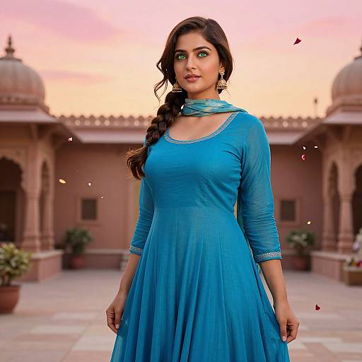 Photograph of a beautiful Indian woman with long dark hair, wearing a bright blue traditional long dress, standing in a pink-hued courtyard with domed