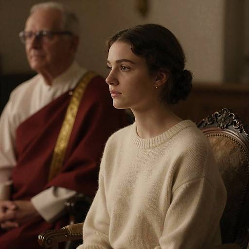 Young Woman Sitting in Ornate Chair with Older Man in Background