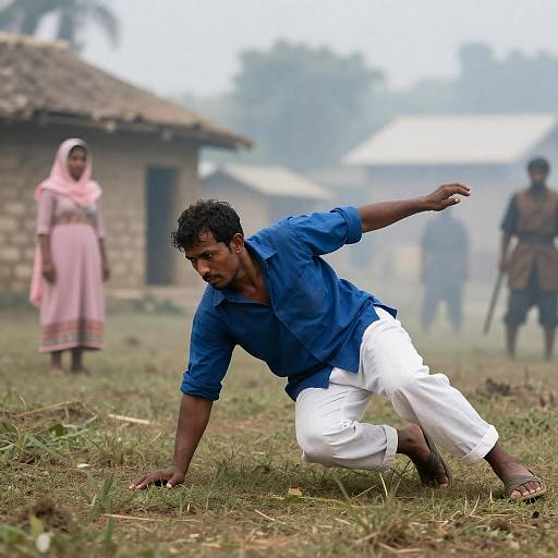 Man Dodging in Smoke-Filled Village