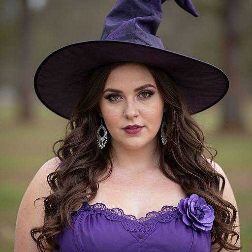 Photograph of a pale-skinned woman with long dark hair, wearing a purple witch hat and matching lace-trimmed dress with a blue rose,
