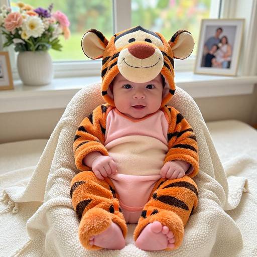 Photograph of a chubby, fair-skinned baby in a pink onesie and tiger onesie, sitting on a white blanket by a sunlit window
