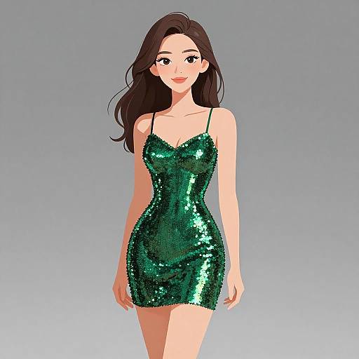 Digital illustration of a fair-skinned woman with long black hair, wearing a sparkling green sequin dress, standing against a gradient gray background.