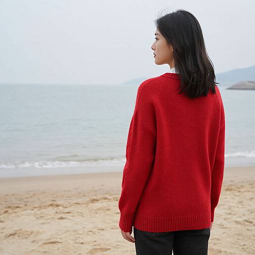 Photograph of a woman with shoulder-length black hair, wearing a bright red knit sweater, standing on a sandy beach, facing the ocean.