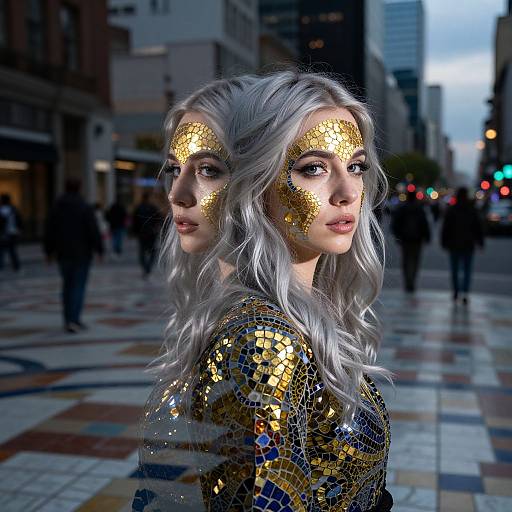 Photograph of a white woman with long silver hair, wearing a gold and blue mosaic dress, adorned with gold face paint, standing in a city street