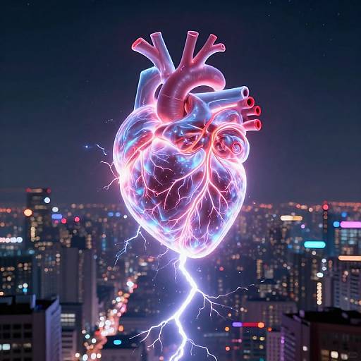 Glowing, neon-lit human heart with electric sparks floating above a nighttime cityscape filled with illuminated skyscrapers and street lights. CGI artwork