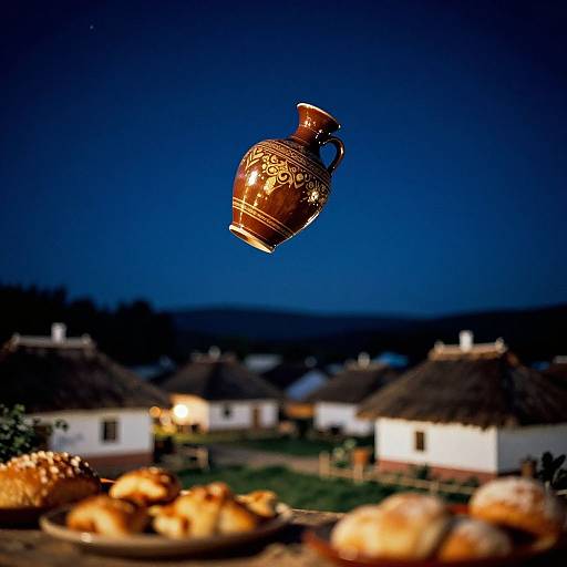 Photograph: Glowing brown ceramic vase with white patterns hovers above a dark village at night, surrounded by blurry, illuminated bread in the foreground.