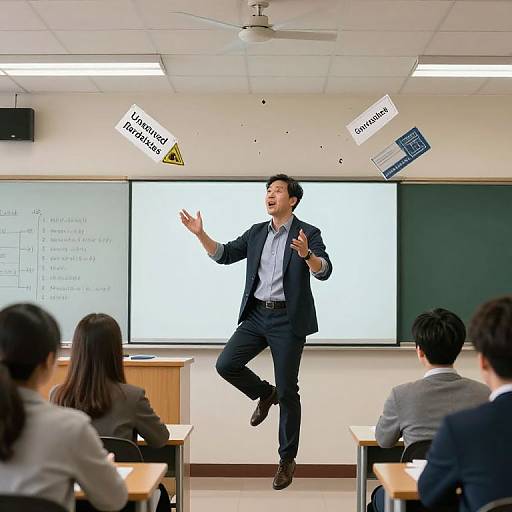 Photograph: Asian male professor in dark suit, light blue shirt, mid-leap, gestures animatedly in classroom with 