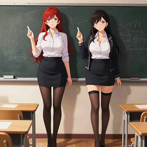 Anime Teachers in Classroom Holding Chalk