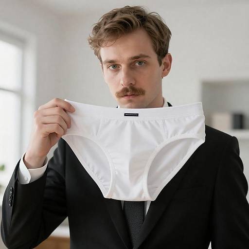 Man in Suit Holding White Underwear