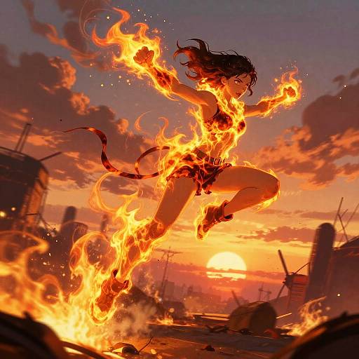 Digital anime artwork of a fiery, black-haired woman mid-leap against a sunset sky, surrounded by flames, amidst a ruined, war-torn city