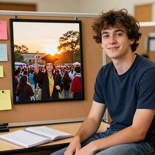 Photograph of a curly-haired teenage boy in a navy t-shirt, sitting at a desk with a poster of a sunset graduation behind him, surrounded by