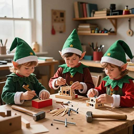 Three young boys with elf hats and red shirts build wooden block structures at a sunlit table in a cozy, cluttered classroom.