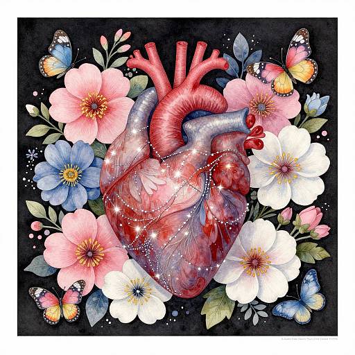 Detailed digital illustration of a glowing heart surrounded by vibrant pink, blue, and white flowers, with butterflies, set against a dark background.