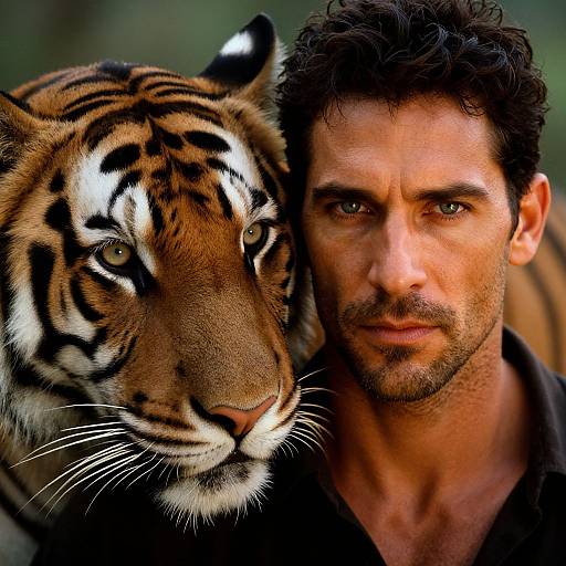 Photograph of a handsome, muscular man with short, curly brown hair, and intense green eyes, standing close to a large, detailed tiger with striking