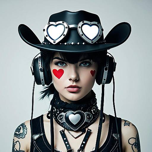Photograph of a pale-skinned woman with black hair, heart tattoos, black leather hat, heart goggles, headphones, heart choker, and tank