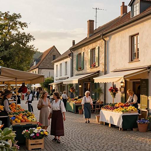 Photograph of a quaint European street market at sunset, featuring people shopping at colorful fruit stalls, white-washed buildings, and hanging flower baskets.
