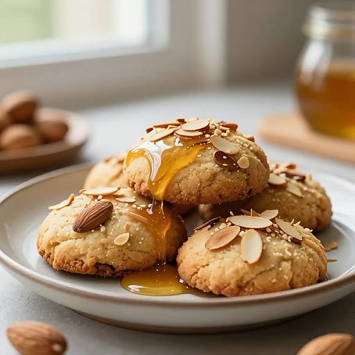 Photograph of three honey-glazed oatmeal cookies with almond slices on a white plate, drizzled with honey, in a sunlit kitchen.