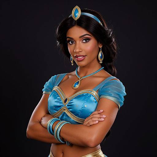 Photograph of a confident, dark-haired woman with tan skin wearing a blue, gold-trimmed crop top, headpiece, and jewelry, arms