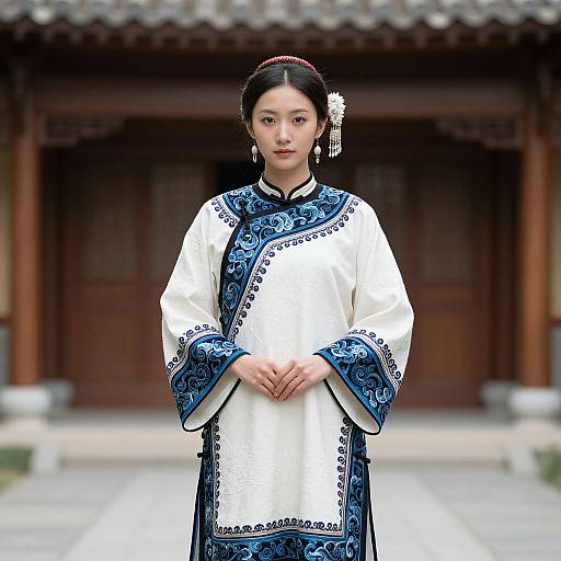 Photograph of an Asian woman in traditional white and blue embroidered Korean hanbok, standing in front of a wooden building.