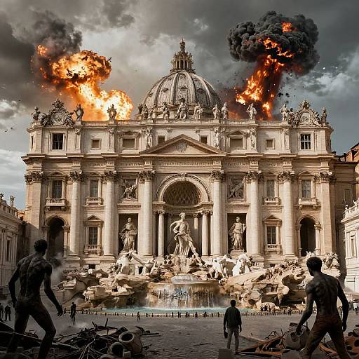 Photorealistic digital artwork of the St. Peter's Basilica engulfed in flames, soldiers running, chaos, explosions, and dark, ominous sky
