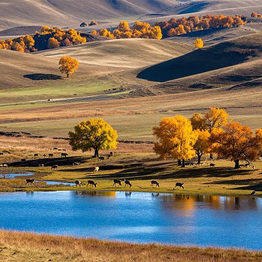 Photograph of a vibrant autumn landscape with bright orange and yellow trees, a blue pond, and grazing deer on rolling hills.