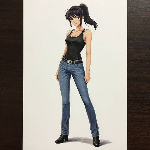 Digital anime-style illustration of a tall, confident woman with black hair in a ponytail, wearing a black tank top, blue jeans, and black shoes