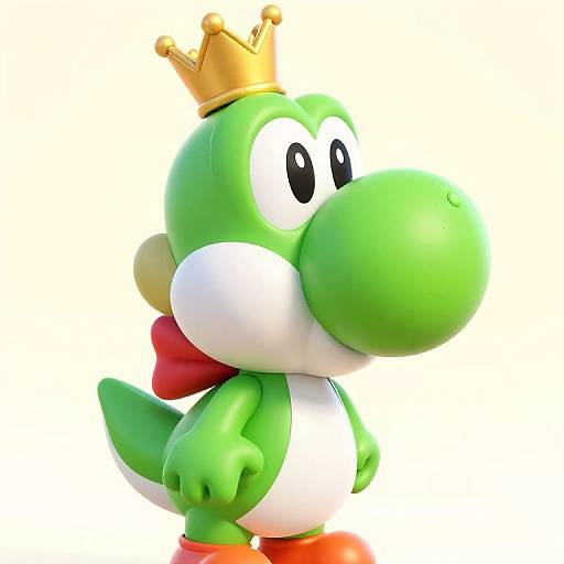 Digital CGI of green Yoshi with white belly, black eyes, red bowtie, gold crown, and orange shoes, standing against white background.