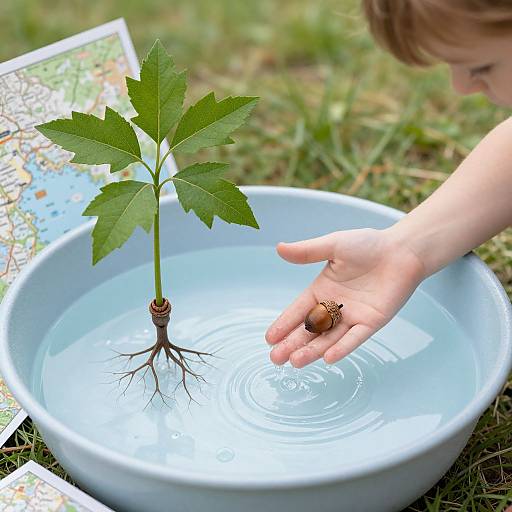 Photograph of a child's hand gently placing a small green plant with visible roots into a blue bowl of water, with a ladybug on the hand